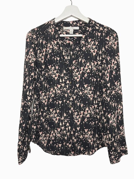 LC Lauren Conrad Tops - LC Lauren Conrad Womens XS Black Pink Floral Roll Tab Sleeve Blouse